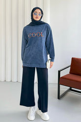 Bisiklet Yaka Önü Nakışlı Yıkamalı Tunik 8920 - Mavi